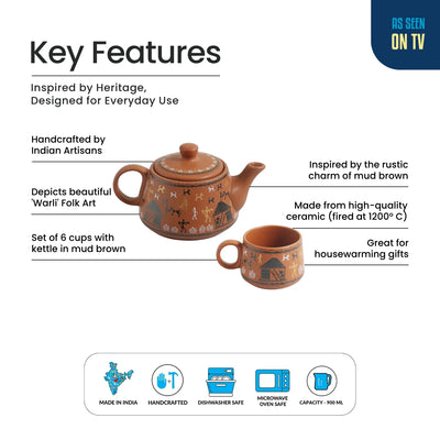 ExclusiveLane'Warli Village Tales' Ceramic Tea Cups & Kettle Set (6 Tea Cups & 1 Kettle, Microwave Safe, Handcrafted)