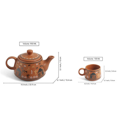 ExclusiveLane'Warli Village Tales' Ceramic Tea Cups & Kettle Set (6 Tea Cups & 1 Kettle, Microwave Safe, Handcrafted)