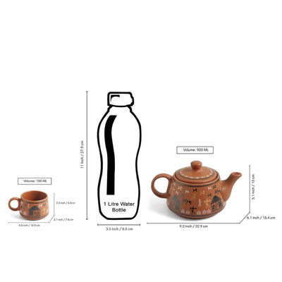 ExclusiveLane'Warli Village Tales' Ceramic Tea Cups & Kettle Set (6 Tea Cups & 1 Kettle, Microwave Safe, Handcrafted)