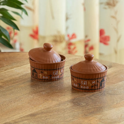 ExclusiveLane 'Warli Village Tales' Multi-Purpose Ceramic Pickle & Chutney Jar (Set of 2, Non Air-Tight, 170 ML, Handcrafted, Microwave Safe)