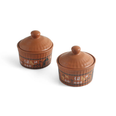 ExclusiveLane 'Warli Village Tales' Multi-Purpose Ceramic Pickle & Chutney Jar (Set of 2, Non Air-Tight, 170 ML, Handcrafted, Microwave Safe)