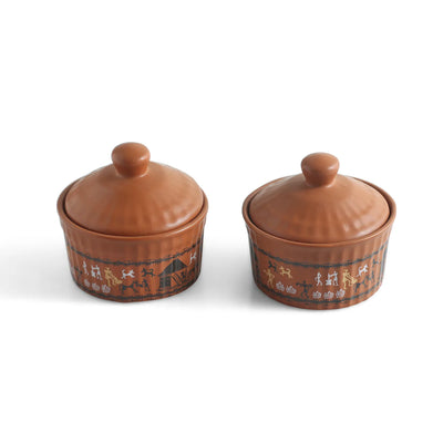 ExclusiveLane 'Warli Village Tales' Multi-Purpose Ceramic Pickle & Chutney Jar (Set of 2, Non Air-Tight, 170 ML, Handcrafted, Microwave Safe)