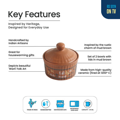 ExclusiveLane 'Warli Village Tales' Multi-Purpose Ceramic Pickle & Chutney Jar (Set of 2, Non Air-Tight, 170 ML, Handcrafted, Microwave Safe)