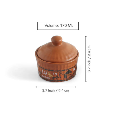 ExclusiveLane 'Warli Village Tales' Multi-Purpose Ceramic Pickle & Chutney Jar (Set of 2, Non Air-Tight, 170 ML, Handcrafted, Microwave Safe)