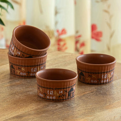 ExclusiveLane 'Warli Village Tales' Handcrafted Ceramic Dinner Bowls/Katoris (Set of 4, 170 ML, Microwave Safe)