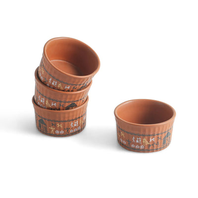 ExclusiveLane 'Warli Village Tales' Handcrafted Ceramic Dinner Bowls/Katoris (Set of 4, 170 ML, Microwave Safe)