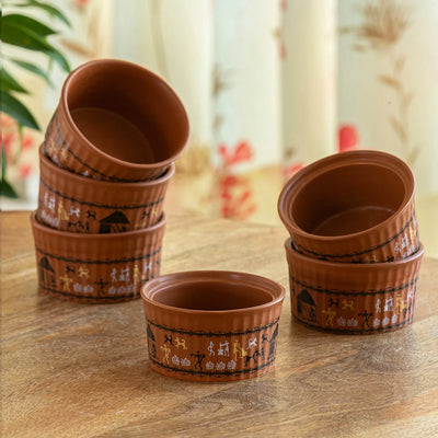 ExclusiveLane 'Warli Village Tales' Handcrafted Ceramic Dinner Bowls/Katoris (Set of 6, 170 ML, Microwave Safe)
