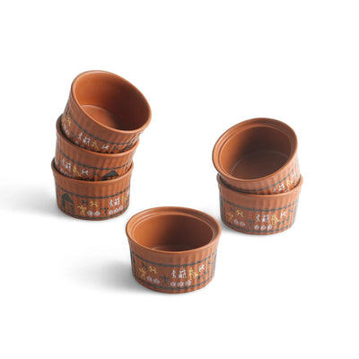 ExclusiveLane 'Warli Village Tales' Handcrafted Ceramic Dinner Bowls/Katoris (Set of 6, 170 ML, Microwave Safe)