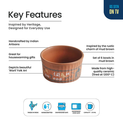 ExclusiveLane 'Warli Village Tales' Handcrafted Ceramic Dinner Bowls/Katoris (Set of 6, 170 ML, Microwave Safe)