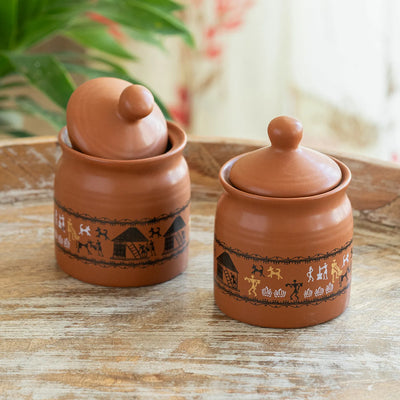 ExclusiveLane 'Warli Village Tales' Multi-Purpose Ceramic Pickle & Chutney Jar Set (Set of 2, Non Air-Tight, 250 ML, Handcrafted)