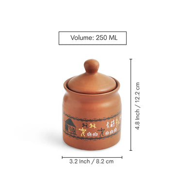 ExclusiveLane 'Warli Village Tales' Multi-Purpose Ceramic Pickle & Chutney Jar Set (Set of 2, Non Air-Tight, 250 ML, Handcrafted)