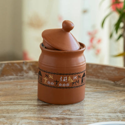 ExclusiveLane 'Warli Village Tales' Multi-Purpose Ceramic Pickle & Chutney Jar (Non Air-Tight, 500 ML, Handcrafted)