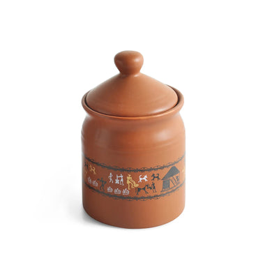 ExclusiveLane 'Warli Village Tales' Multi-Purpose Ceramic Pickle & Chutney Jar (Non Air-Tight, 500 ML, Handcrafted)