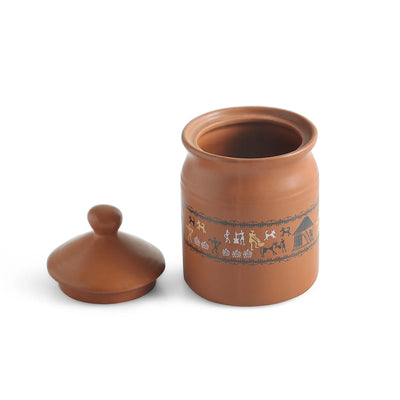 ExclusiveLane 'Warli Village Tales' Multi-Purpose Ceramic Pickle & Chutney Jar (Non Air-Tight, 500 ML, Handcrafted)