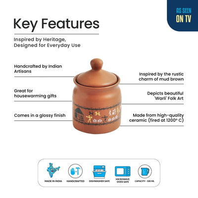 ExclusiveLane 'Warli Village Tales' Multi-Purpose Ceramic Pickle & Chutney Jar (Non Air-Tight, 500 ML, Handcrafted)