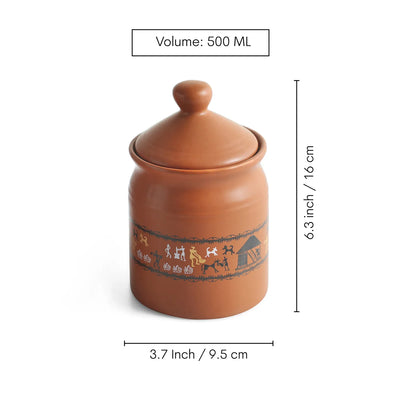 ExclusiveLane 'Warli Village Tales' Multi-Purpose Ceramic Pickle & Chutney Jar (Non Air-Tight, 500 ML, Handcrafted)