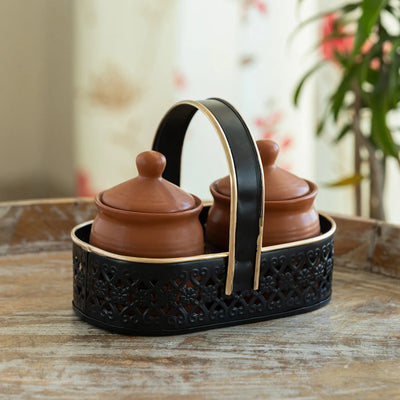 ExclusiveLane 'Warli Village Tales' Multi-Purpose Ceramic Pickle & Chutney Jar Set With Metal Tray (Set of 2, Non Air-Tight, 250 ML, Handcrafted)