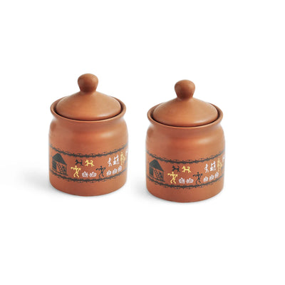 ExclusiveLane 'Warli Village Tales' Multi-Purpose Ceramic Pickle & Chutney Jar Set With Metal Tray (Set of 2, Non Air-Tight, 250 ML, Handcrafted)