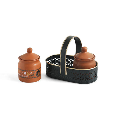 ExclusiveLane 'Warli Village Tales' Multi-Purpose Ceramic Pickle & Chutney Jar Set With Metal Tray (Set of 2, Non Air-Tight, 250 ML, Handcrafted)