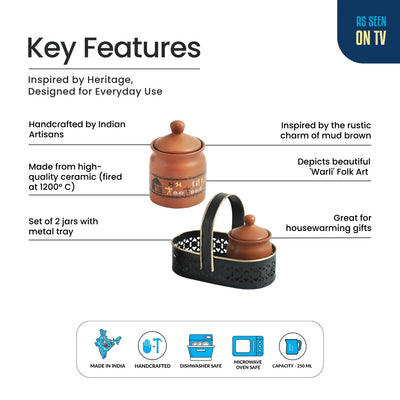 ExclusiveLane 'Warli Village Tales' Multi-Purpose Ceramic Pickle & Chutney Jar Set With Metal Tray (Set of 2, Non Air-Tight, 250 ML, Handcrafted)