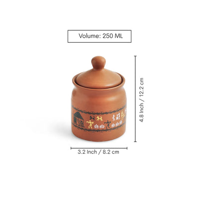 ExclusiveLane 'Warli Village Tales' Multi-Purpose Ceramic Pickle & Chutney Jar Set With Metal Tray (Set of 2, Non Air-Tight, 250 ML, Handcrafted)