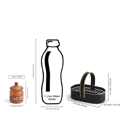ExclusiveLane 'Warli Village Tales' Multi-Purpose Ceramic Pickle & Chutney Jar Set With Metal Tray (Set of 2, Non Air-Tight, 250 ML, Handcrafted)