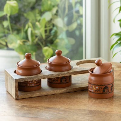ExclusiveLane 'Warli Village Tales' Multi-Purpose Ceramic Pickle & Chutney Jar Set With Wooden Holder (Set of 3, Non Air-Tight, 250 ML, Handcrafted)