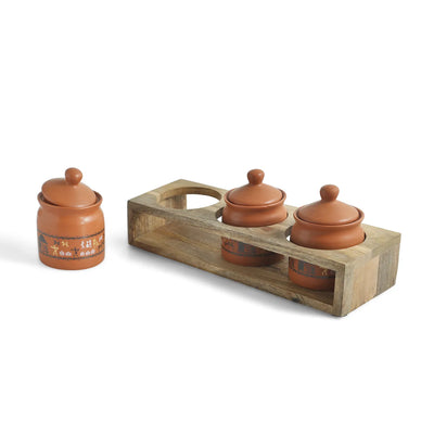 ExclusiveLane 'Warli Village Tales' Multi-Purpose Ceramic Pickle & Chutney Jar Set With Wooden Holder (Set of 3, Non Air-Tight, 250 ML, Handcrafted)