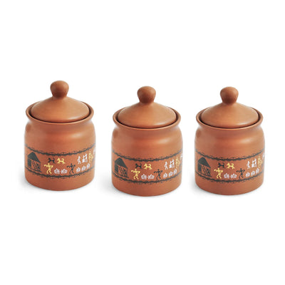 ExclusiveLane 'Warli Village Tales' Multi-Purpose Ceramic Pickle & Chutney Jar Set With Wooden Holder (Set of 3, Non Air-Tight, 250 ML, Handcrafted)