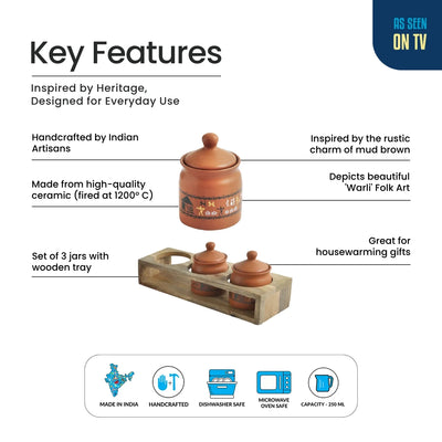 ExclusiveLane 'Warli Village Tales' Multi-Purpose Ceramic Pickle & Chutney Jar Set With Wooden Holder (Set of 3, Non Air-Tight, 250 ML, Handcrafted)
