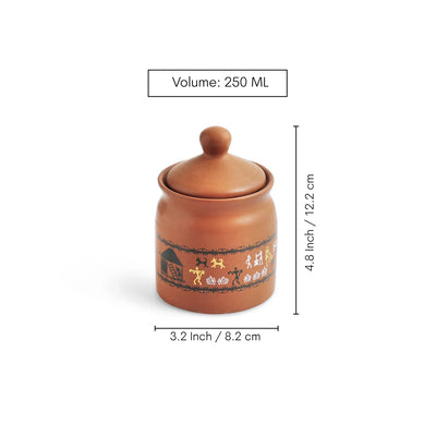 ExclusiveLane 'Warli Village Tales' Multi-Purpose Ceramic Pickle & Chutney Jar Set With Wooden Holder (Set of 3, Non Air-Tight, 250 ML, Handcrafted)