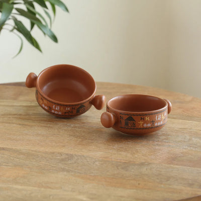 ExclusiveLane 'Warli Village Tales' Handcrafted Ceramic Serving Bowls (Set of 2, 350 ML, Microwave Safe)