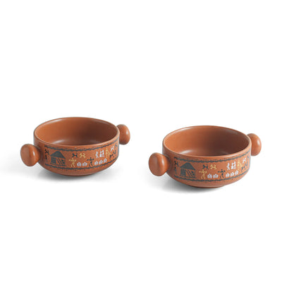 ExclusiveLane 'Warli Village Tales' Handcrafted Ceramic Serving Bowls (Set of 2, 350 ML, Microwave Safe)