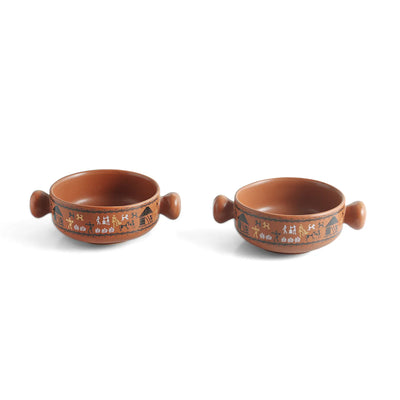 ExclusiveLane 'Warli Village Tales' Handcrafted Ceramic Serving Bowls (Set of 2, 350 ML, Microwave Safe)