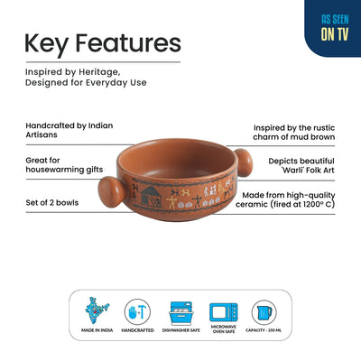 ExclusiveLane 'Warli Village Tales' Handcrafted Ceramic Serving Bowls (Set of 2, 350 ML, Microwave Safe)