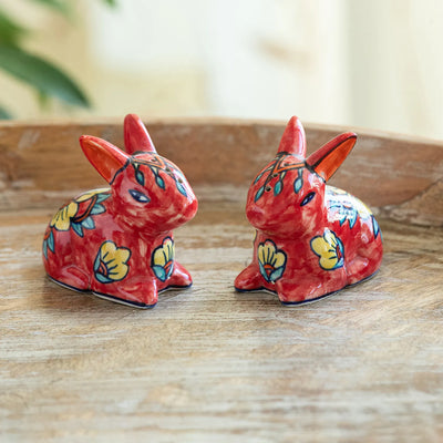 ExclusiveLane 'Bloomy Rabbits' Ceramic Salt & Pepper Shakers Set (50 ML, Hand-Painted)