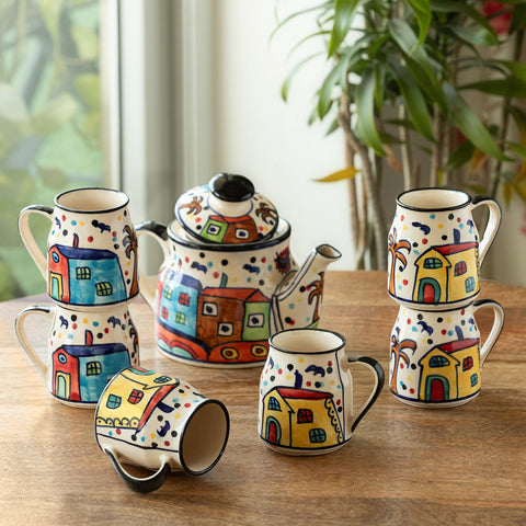  'The Hut' Ceramic Tea Cups & Kettle Set (Set of 6 With Kettle, Hand-Painted, Microwave Safe)
