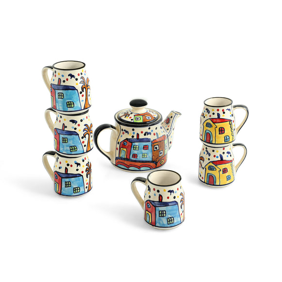  'The Hut' Ceramic Tea Cups & Kettle Set (Set of 6 With Kettle, Hand-Painted, Microwave Safe)