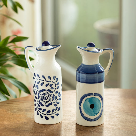  'Indigo Pour' Decorative Ceramic Oil Bottles (Set of 2, 230 ML, Hand-Painted)