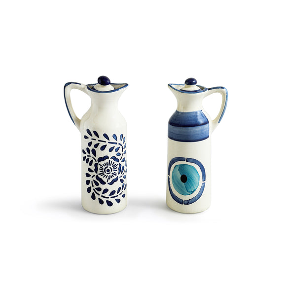  'Indigo Pour' Decorative Ceramic Oil Bottles (Set of 2, 230 ML, Hand-Painted)