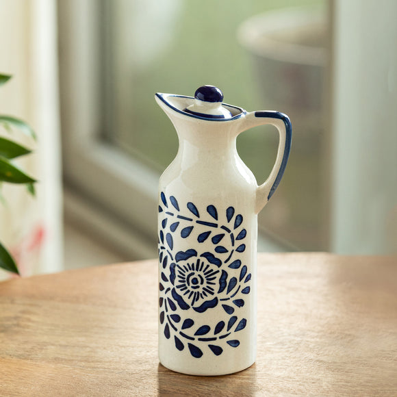  'Blue Melody' Decorative Ceramic Oil Bottle (230 ML, Hand-Painted)