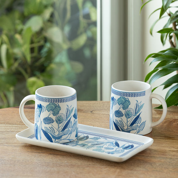  'Floral Bliss' Decal Ceramic Tea & Coffee Mugs With Tray (Set of 2, 300 ML, Microwave Safe, Handcrafted)
