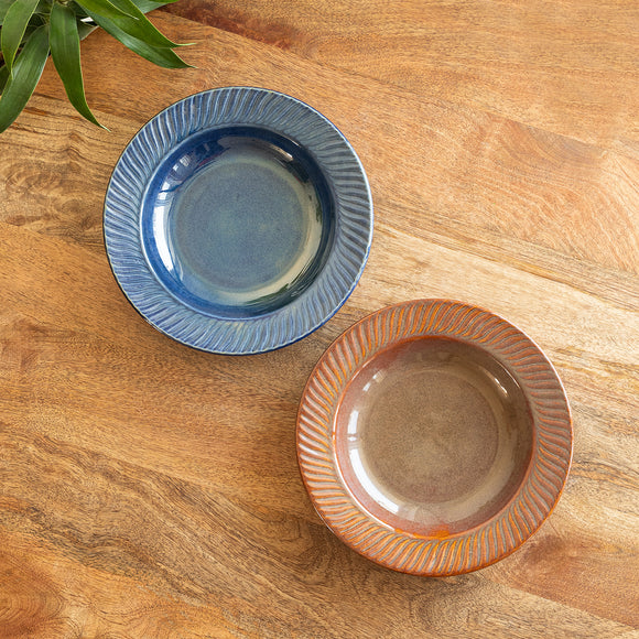  'Lunar Dusk' Ceramic Pasta Bowls/Plates (Set Of 2, 410 ML, Microwave Safe, Hand-Embossed)