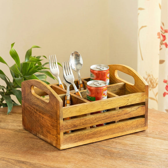  'Raw Holder' Mango Wood Cutlery & Stationery Holder (6 Partitions, Handcrafted)