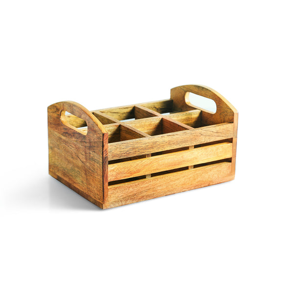  'Raw Holder' Mango Wood Cutlery & Stationery Holder (6 Partitions, Handcrafted)