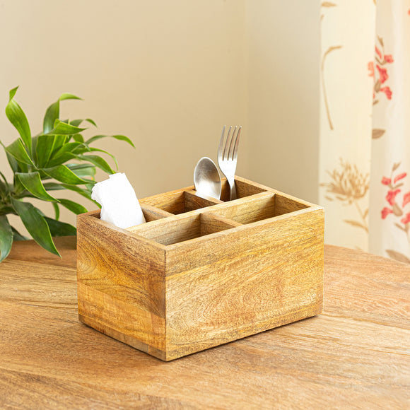  'Divided Holder' Mango Wood Cutlery & Stationery Holder (5 Partitions, Handcrafted)