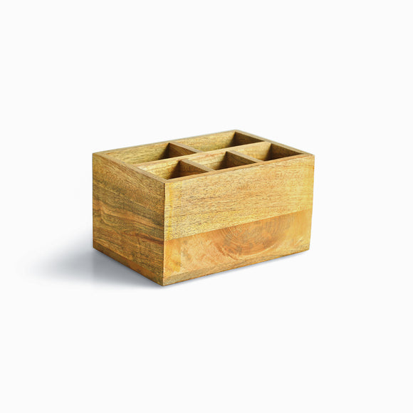  'Divided Holder' Mango Wood Cutlery & Stationery Holder (5 Partitions, Handcrafted)
