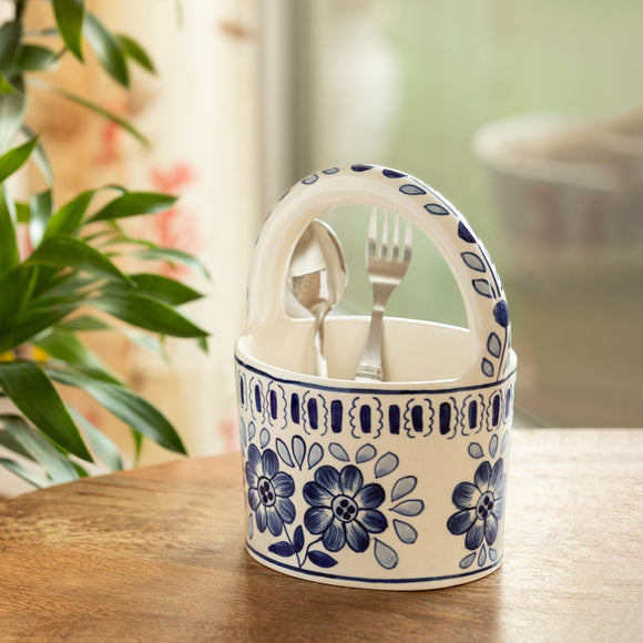  'Persian Bloom' Ceramic Cutlery & Stationery Holder (1040 ML, Hand-Painted)