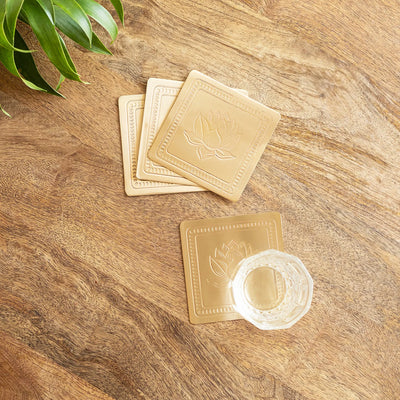 ExclusiveLane 'Golden Rose' Brass Coasters (Set Of 4, Hand-Etched)