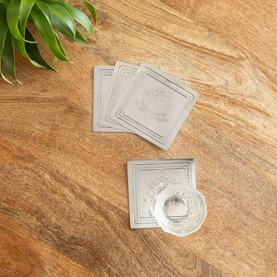 ExclusiveLane 'Silver Rose' Iron Tea Coasters (Set Of 4, Hand-Etched)